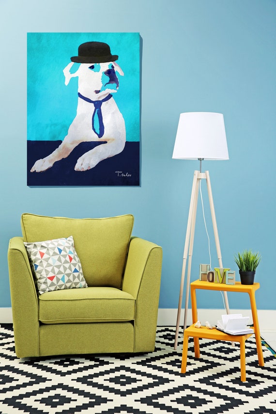 Dog Art, Dog Art Print on Canvas, Dog in Hat, Dog Painting Print, Dog in Blue