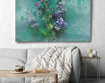 May. Rustic Floral Painting, Green Turquoise Lavender Rustic Large Floral Canvas Art Print up to 54" Green Botanical Rustic Artwork