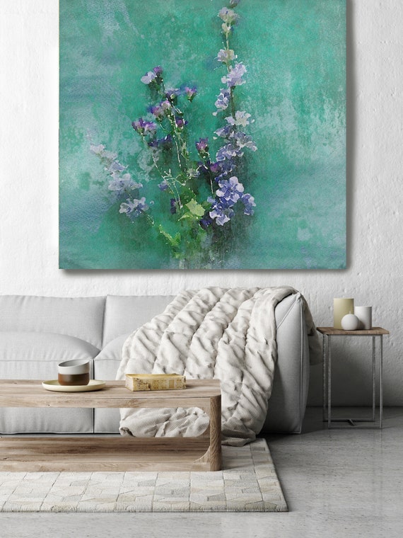 May. Rustic Floral Painting, Green Turquoise Lavender Rustic Large Floral Canvas Art Print up to 54" Green Botanical Rustic Artwork