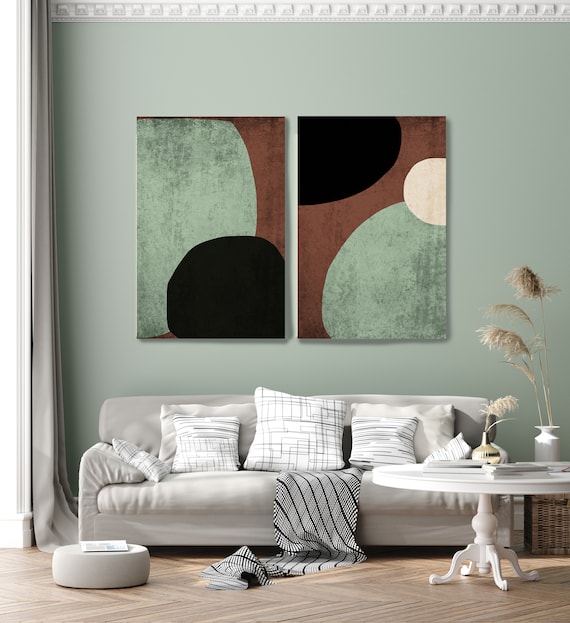 Brown Green Modern Shapes Wall Art Set of 2, Mid Century Modern Art Shapes Mid Century Modern Canvas Print Minimalist Large  art DIPTYCH