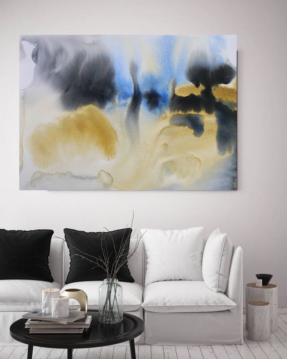 Watercolor Symphony 98. Watercolor Abstract Yellow Black Blue Canvas Art Print up to 72" by Irena Orlov