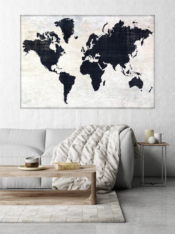 Huge world map, Executive gift, Rustic map, Industrial art, Cottage wall, Vintage Map, Map canvas art print, Black White Map,Antique Map