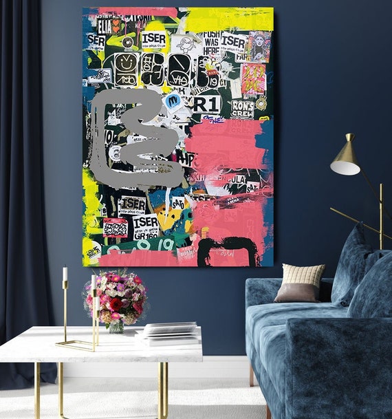 Graffiti Art, Street Art, Pink Gold Street Art Painting Print on Canvas, Large Canvas Print, Urban Canvas Print, Sort of Thought