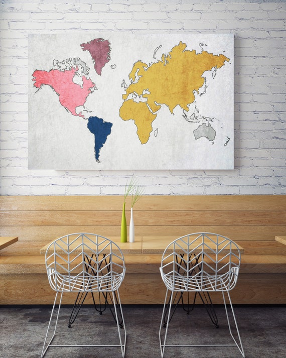 World map, Huge world map, Yellow Pink map, Industrial art, Cottage wall, Vintage Map, Map canvas art print, Farmhouse decor, Map on canvas