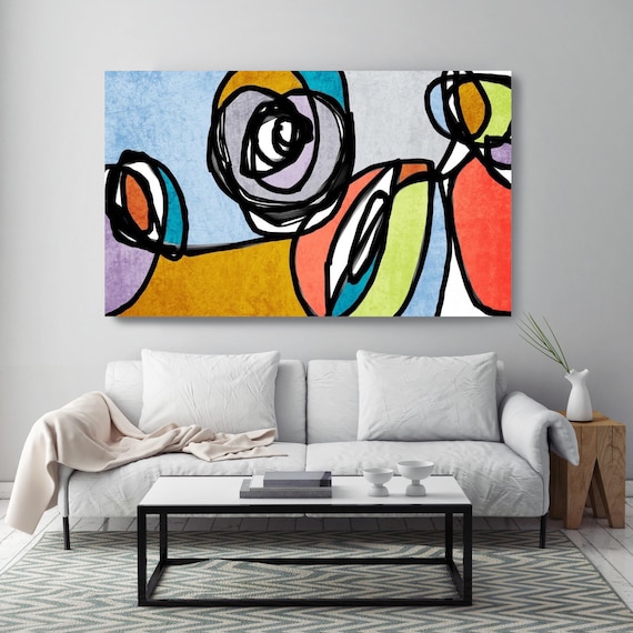 Vibrant Colorful Abstract49-4. Mid-Century Modern Blue Orange Canvas Art Print, Mid Century Modern Canvas Art Print up to 72" by Irena Orlov