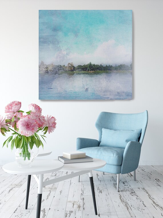 Sunrise in Lake. Lake Art, Seascape, Beach Rustic Canvas Art Print, Blue Water  Extra Large up to 48" Canvas Art Print by Irena Orlov