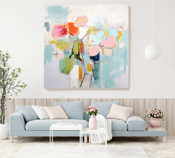 Abstract Expressive Floral Collection 4 Abstract Muted Blue Flower Painting Print On Canvas, Large Wall Art Modern Floral Painting Art Print