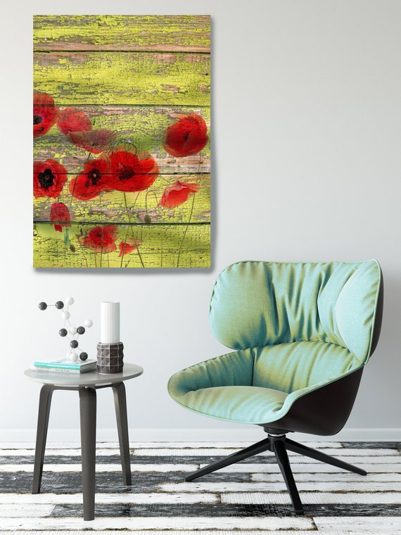 Red Dots on green I. Red Poppy Painting, Red Green Poppies Art, Red Poppies on Green Wood Planks Canvas Art Print, Poppy Art