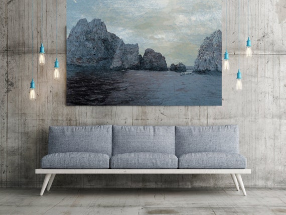 Rocks And Waves 5, Extra Large Seascape Rustic Blue Boat Canvas Wall Art Print Large Canvas Print BLUEPRINT color Ocean Art Irena Orlov