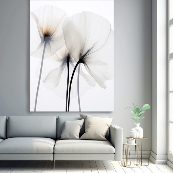 Floral Wall Art-Xray image. Floral Painting Modern, Translucent White Poppies Flowers 1, Flowers Painting Canvas Print