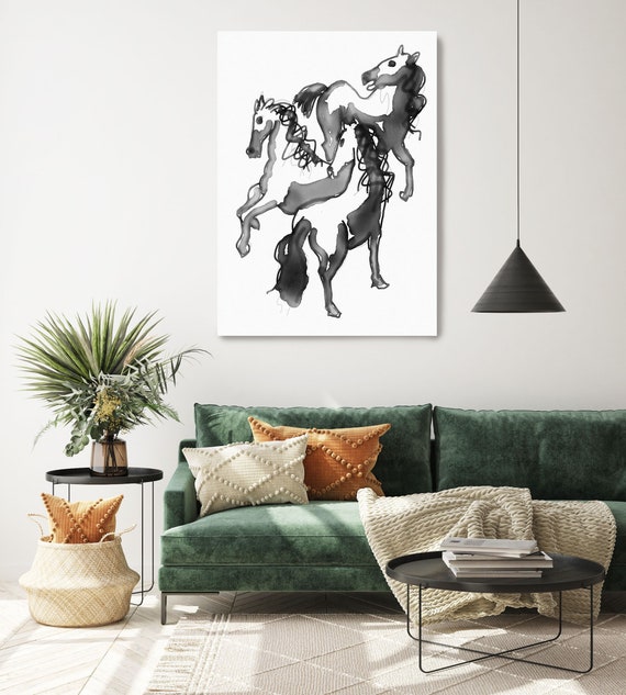 Contemporary Minimalistic Horses. Horse Art, Horse Wall Canvas Art Print, Abstract Horse,  Equine art ink art gift for horse lover