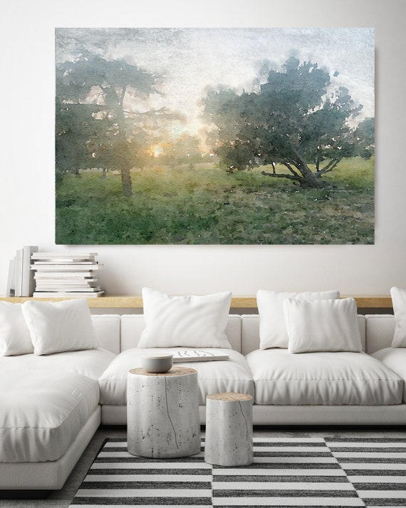 Landscape Watercolor Art | Landscape Canvas | Nature Painting | Watercolor Nature Art | Green Landscape Painting | Sunrise Canvas Print