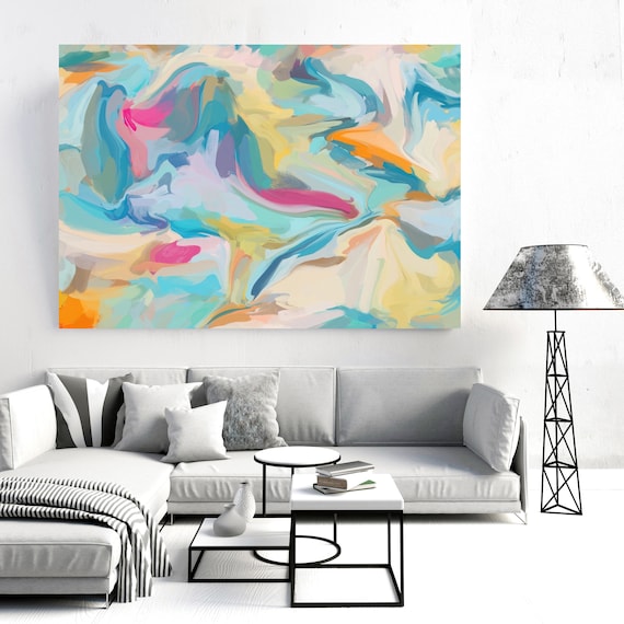 Artistic expression, Blue Yellow Pink pastel colors Art, Abstract painting, Colorful painting, modern art, Canvas Art Print, Fluid painting