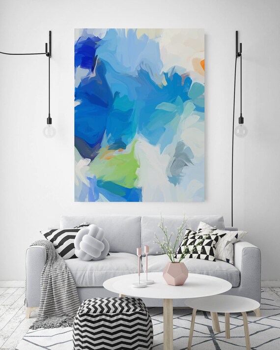 Blue Green Abstract Painting Original contemporary art large wall art blue green painting with texture canvas Print