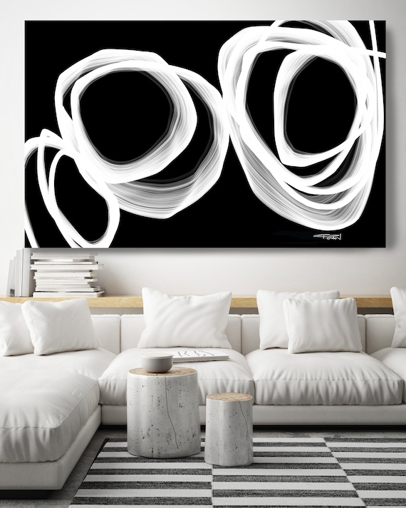 Black and White circles painting, Black Abstract Art, Abstract Black and White, Minimalist Canvas Print Modern Home Decor, New Media