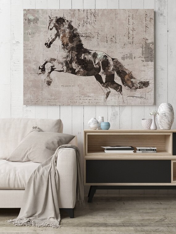 Justify Running Horse. Extra Large Horse, Horse Wall Decor, Brown Rustic Horse, Large Contemporary Canvas Art Print up to 81" by Irena Orlov