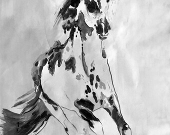 Wild Running Horse. Extra Large Contemporary Horse Black and White Canvas Original Oil/Acrylic Art. Horse BW Original Art by Irena Orlov