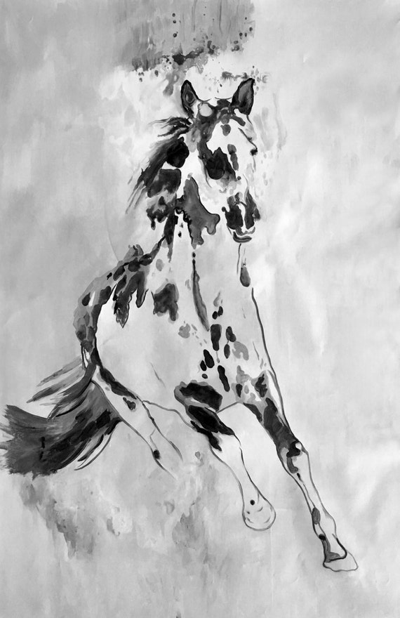 Wild Running Horse. Extra Large Contemporary Horse Black and White Canvas Original Oil/Acrylic Art. Horse BW Original Art by Irena Orlov