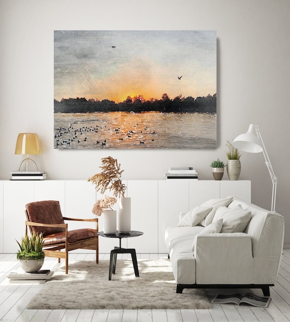 Sunset seascape art, coastal watercolor landscape painting Watercolor Canvas Art Print Sunset painting on canvas, Silence of the Nature 2