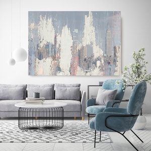 New York City Manhattan Skyline 2, Cityscape Painting, Blue Pink Large Abstract Urban Painting Canvas Print, Urban New York, Office Art