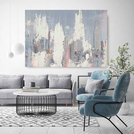 New York City Manhattan Skyline 2, Cityscape Painting, Blue Pink Large Abstract Urban Painting Canvas Print, Urban New York, Office Art