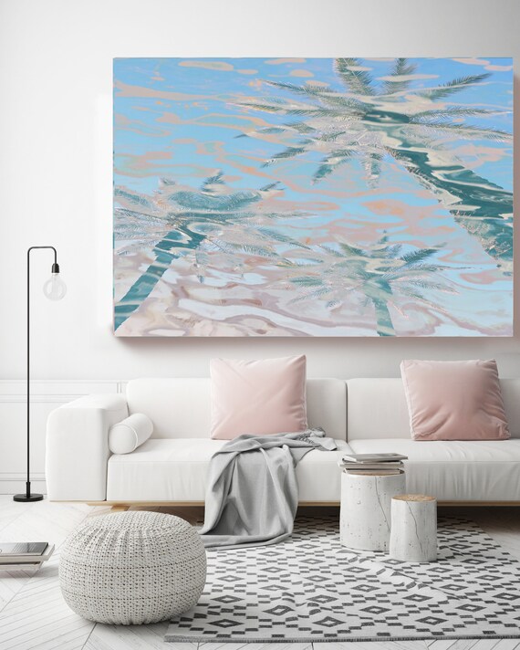 Coastal Wall Art with Pink Palms, Reflected Water, . Summer California Beach Palms Canvas Art Print. Tropical Ocean Art, Jungle Art