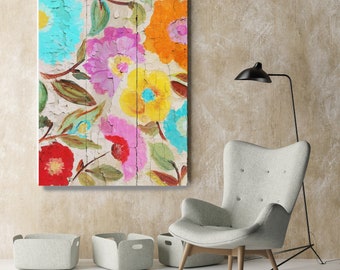 Joyful Summer garden I. Rustic Floral Painting, Pink Yellow Blue Abstract Art, Colorful Rustic Canvas Art Print up to 72" by Irena Orlov