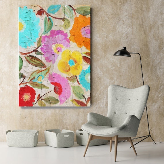 Joyful Summer garden I. Rustic Floral Painting, Pink Yellow Blue Abstract Art, Colorful Rustic Canvas Art Print up to 72" by Irena Orlov