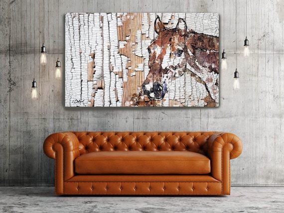 The Observer 2. Extra Large Horse, Horse Wall Decor, Brown Rustic Wooden Horse, Large Contemporary Canvas Art Print up to 72" by Irena Orlov