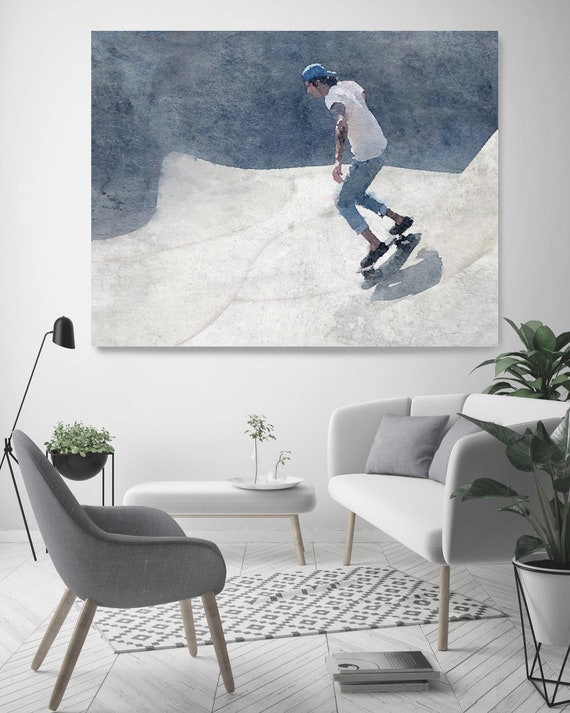Skateboarder, Skateboard, Watercolor, Wall Art, watercolor painting, Canvas Art Print, man skateboarding on a skateboard ramp, Irena Orlov