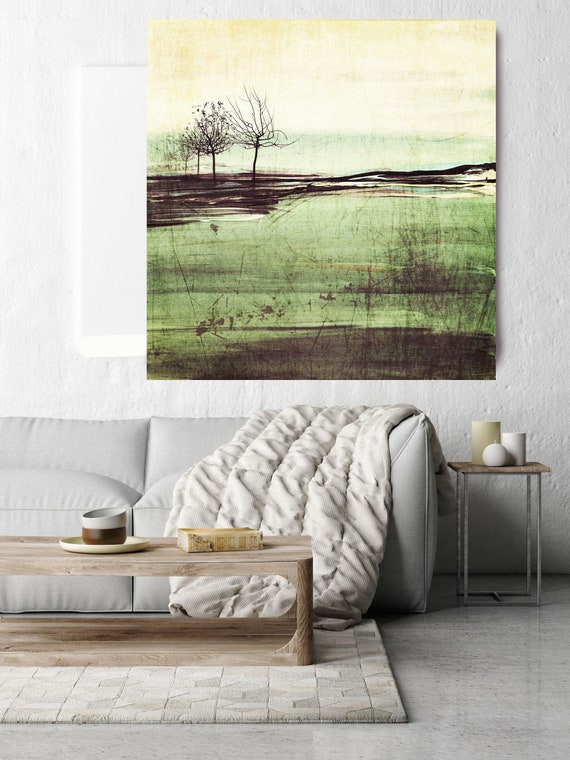 Romance at Sunset. Huge Rustic Landscape Painting Canvas Art Print, Extra Large Green Yellow Brown Canvas Art Print up to 50" by Irena Orlov