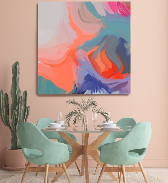 Coral Aqua Abstract Fine Art Canvas Abstract Art, Contemporary Art, Modern Hot Pink Painting, Expressionism Canvas Print, Honeyed Daydream 4