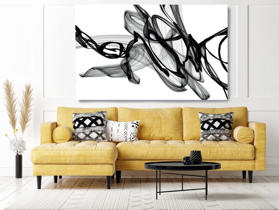 Black and White Wall Art, At Night, Home Decor Wall Art Black and White Abstract Canvas Print Brush Stroke Office Art Wall Art, Minimalist