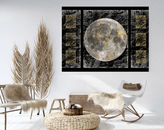 Impresión de lienzo Gold Moon 5 / Arte moderno de la luna / Impresión de lienzo de luna negra gris dorada / Decoración de la pared del dormitorio / Arte de la pared del planeta / Arte de las fases de la luna