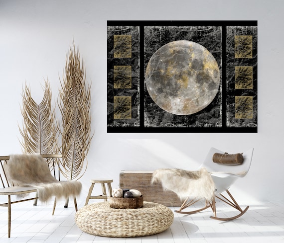 Gold Moon 5 Canvas Print | Moon Modern Art | Gold Gray Black Moon Canvas Print |  Bedroom Wall Decor | Planet Wall Art | Moon Phases Art