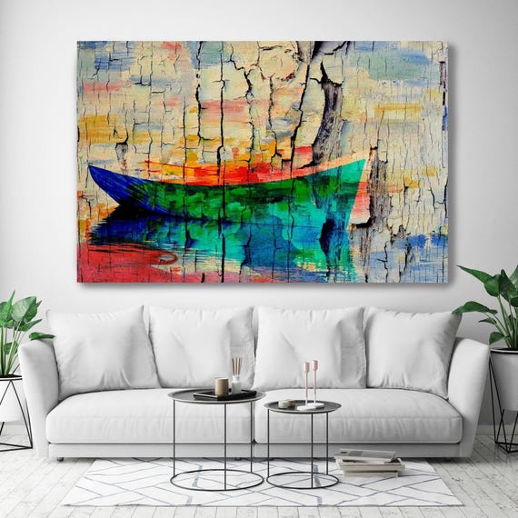 Lost. Coastal Rustic Green Red Blue Boat Canvas Art Print, Extra Large Rustic Boat Canvas Art Print up to 72" by Irena Orlov