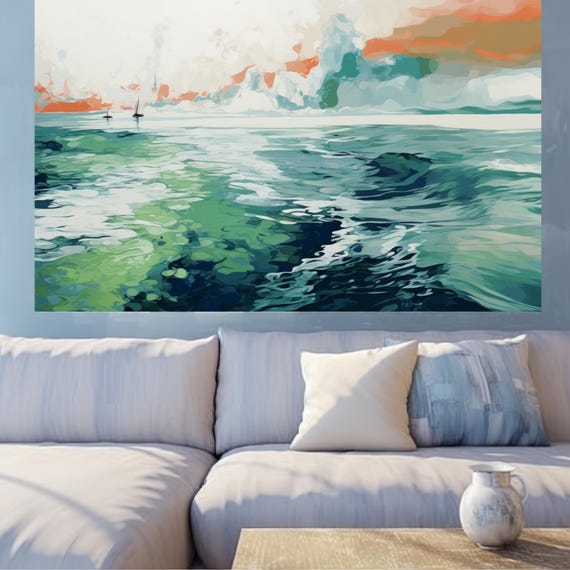 Rhythmic Sea Dance-10, Vibrant Coastal Painting Print on Canvas, Abstract Art Contemporary Living Room Decor, Wall Art Coastal