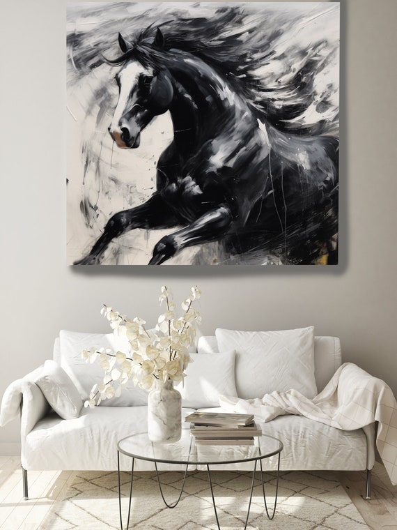 Black Horse in Motion Canvas Art, Horse Painting, Horse Art, Horse Painting, Impressionist Horse Painting Print, Rustic Horse canvas Art