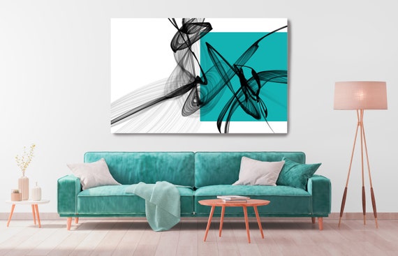 Teal Square and Black Abstract Canvas Art Print, Extra Large Contemporary Canvas Art Print, Minimalist Artwork, Teal Black Artwork