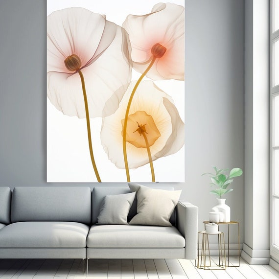 Floral Wall Art-Xray image. Floral Painting Modern, Translucent Yellow Poppy Flowers 1, Flowers Painting Canvas Print