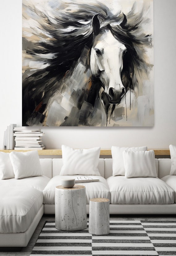 Black Horse Textured Portrait Painting, Horse Art Canvas, Horse Painting, Impressionist Horse Painting Print, Rustic Horse Canvas Art Print