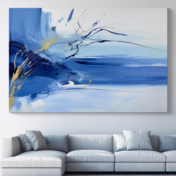 Ethereal Liquid Dance-3 /  Abstract Blue Gold Wall Art / Contemporary Home Decor/ Living Room Art/ Large Canvas Print