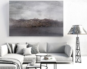 Foggy Morning. Huge Rustic Seascape Painting Canvas Art Print, Large Purple Brown Blue Canvas Art Print up to 80" by Irena Orlov