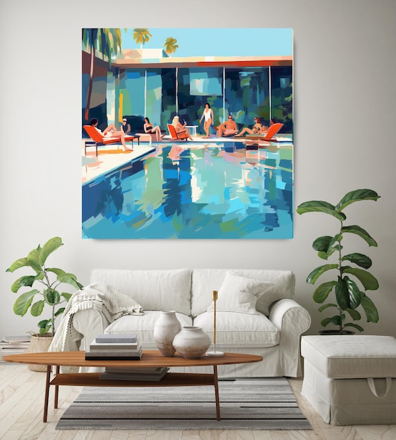 Poolside Paradise 25, Abstract Figurative Painting People in Pool, Pool Painting Expressive Canvas Print, Gift for her, Gift for Him