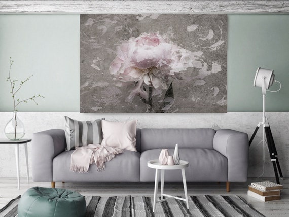 Blush Gray Spring Peony 2, Shabby Pink Gray Rustic Peony Painting, Shabby Chic Blush Peony Painting Canvas Art Print Floral Print Blush Pink