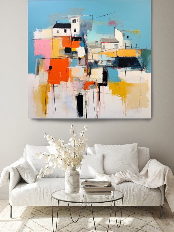 Abstract Village in Blue 7, Color Block Abstract Architecture Painting, Cityscape Painting Canvas Print