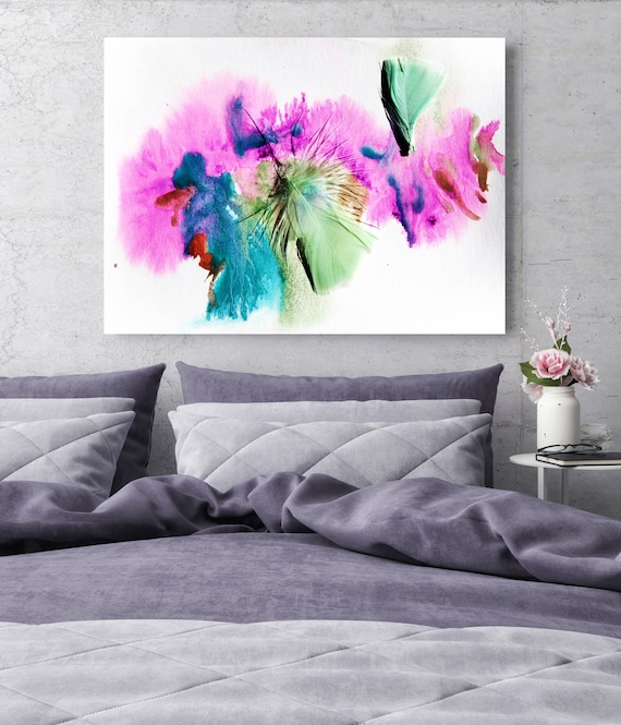 Elegant feathers in green and purple 1, Pink Blue Feather Photography, Extra Large Feather Canvas Art Print up to 72" by Irena Orlov