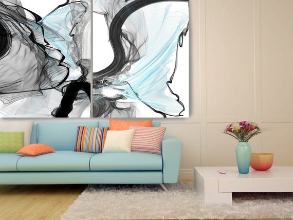 Ideas Exchange. Blue Grey Black 2 piece Huge Abstract New Media Canvas Art Print 100" x 80"  by Irena Orlov