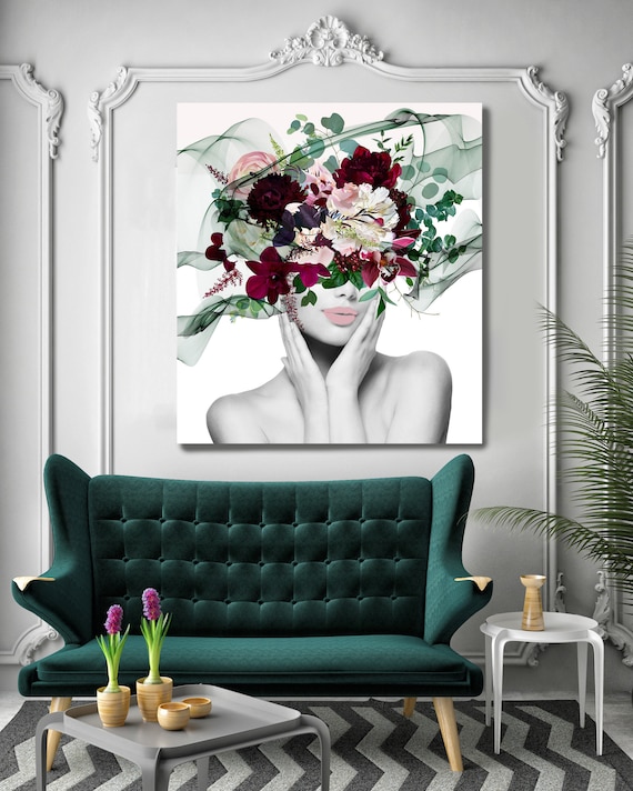 Woman Floral Portrait, Flower head woman Canvas Print, Sexy wall art, Heavenly Perfection, Floral Head Woman Print, Woman Fashion Art