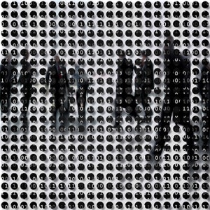 May include: A black and white image of a group of people walking in a line. The people are blurred and appear to be walking through a grid of black circles with white 1s and 0s.